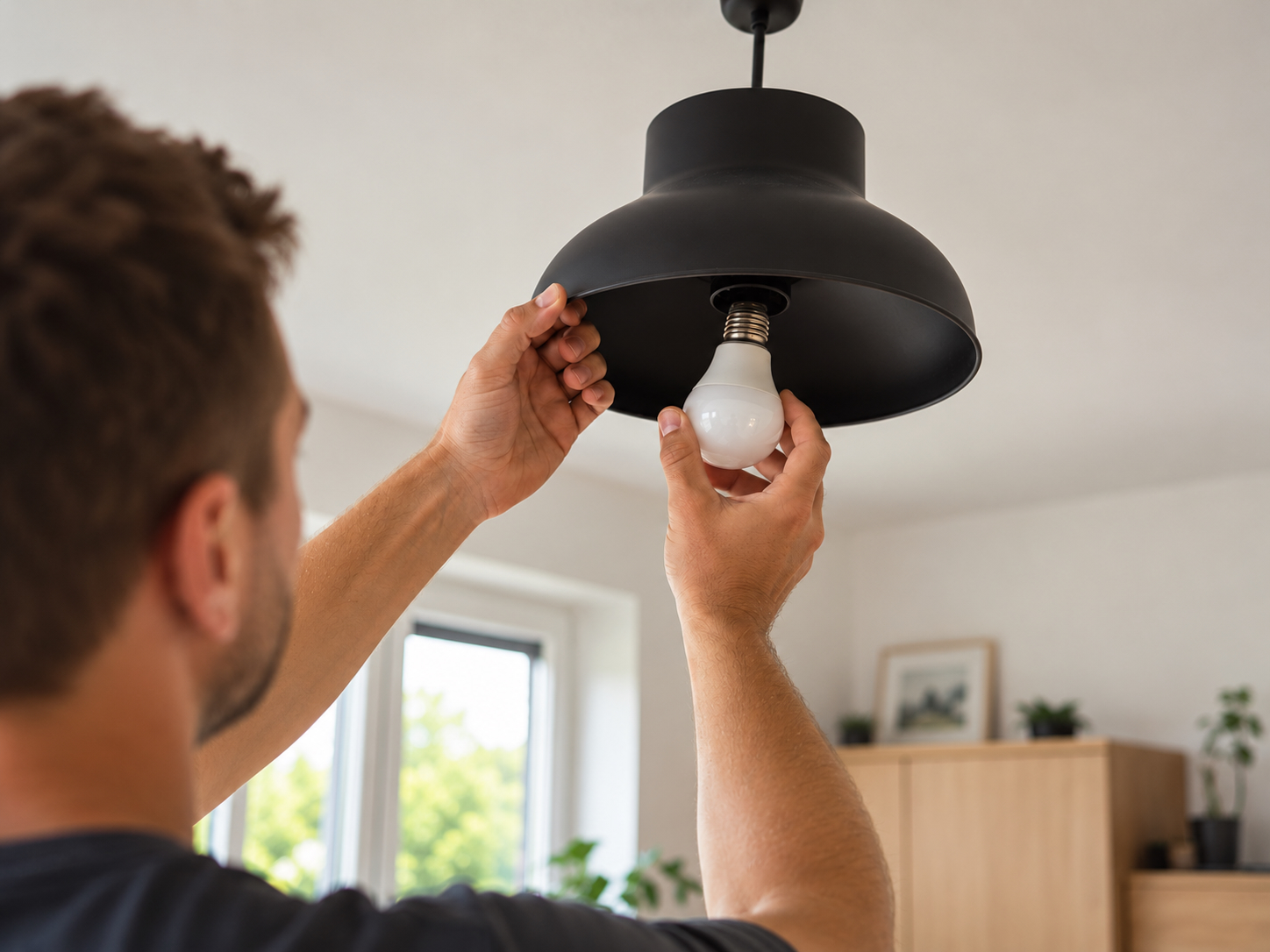 Hausmeister bei der Wartung einer Beleuchtung